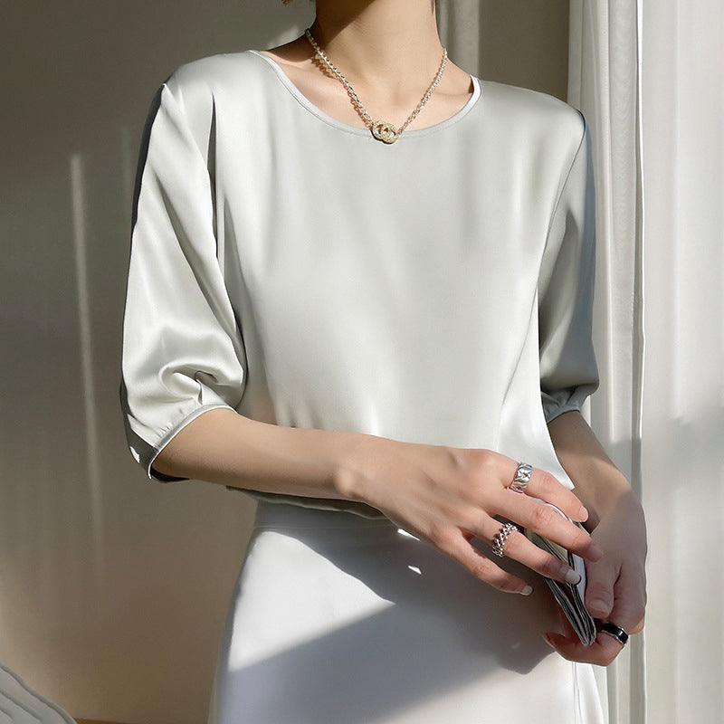 🔥Promotion - 49% discount💥Women's Round Neck 3/4 Sleeve Smooth Breathable Blouse