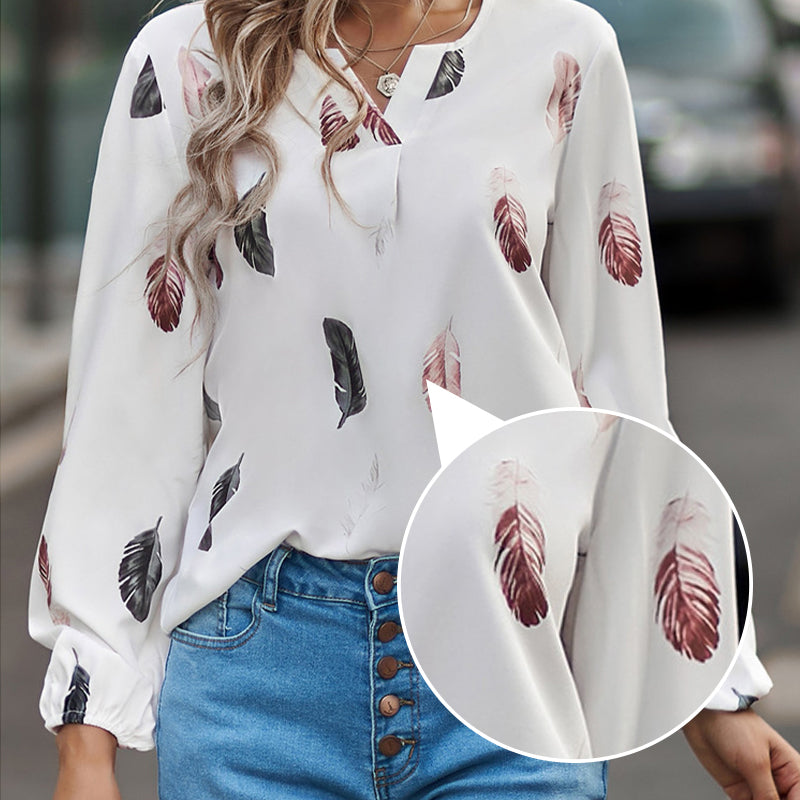 🪶Women's V-Neck Feather Printed Long Sleeve Loose Shirt💕