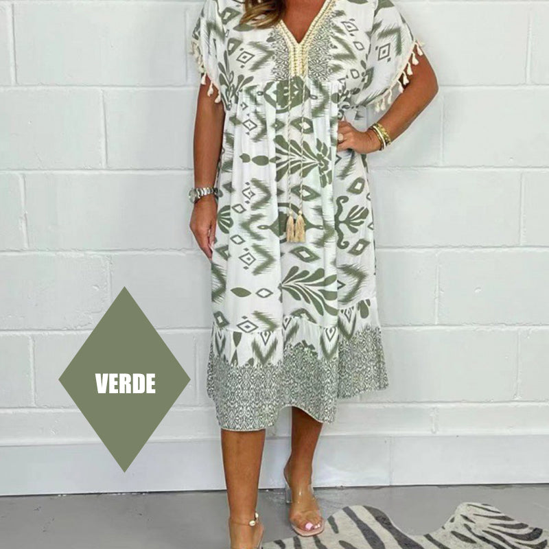 💕Printed Casual Dress With V-Neckline and Fringes on the Short Sleeves