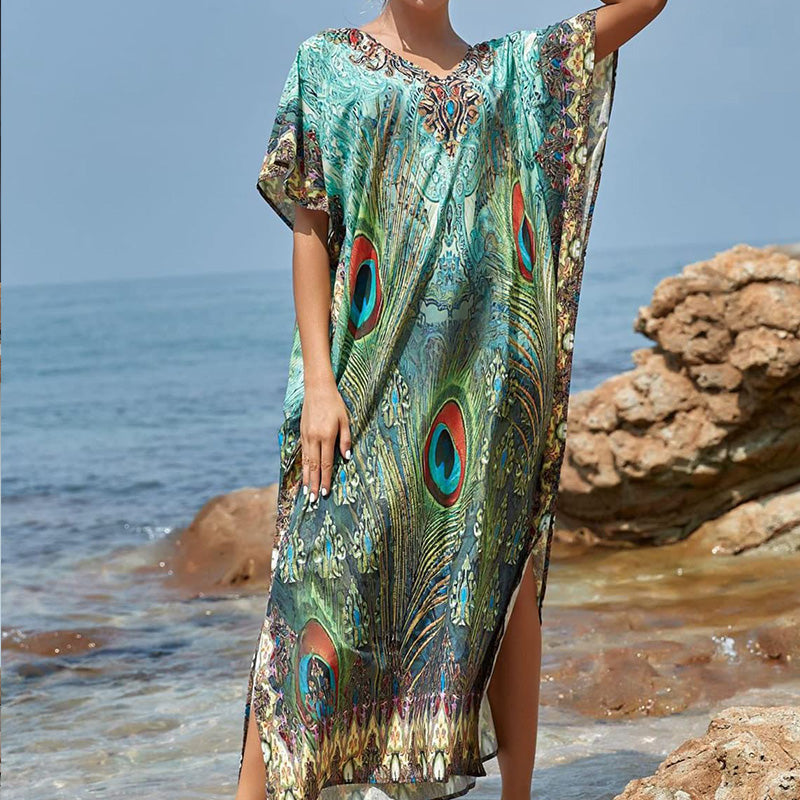 🏖️Big sale 2024💥Beach blouse with feather print for women👗
