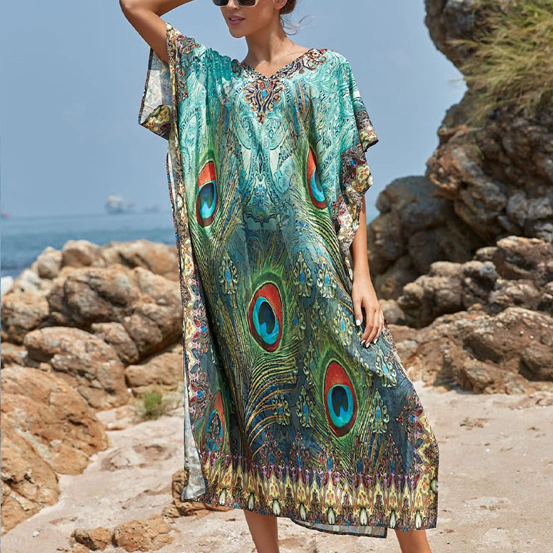 🏖️Big sale 2024💥Beach blouse with feather print for women👗