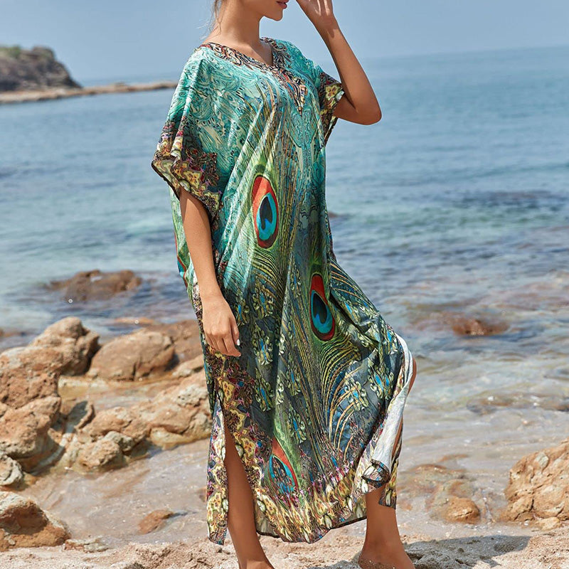 🏖️Big sale 2024💥Beach blouse with feather print for women👗
