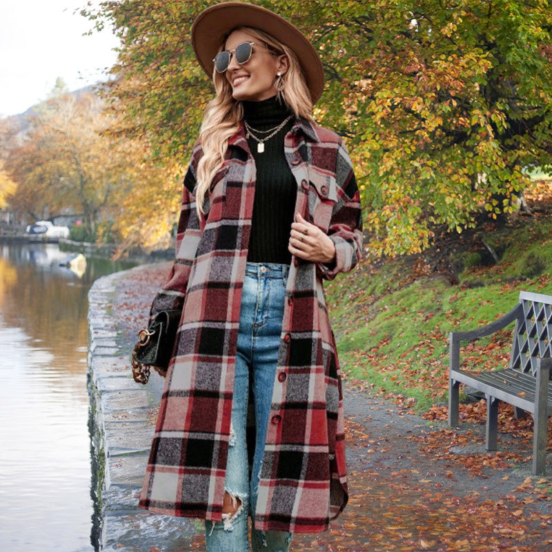 💥Limit Time 49% OFF💕Women's Plaid Print Long Sleeve Warm Tweed Coat