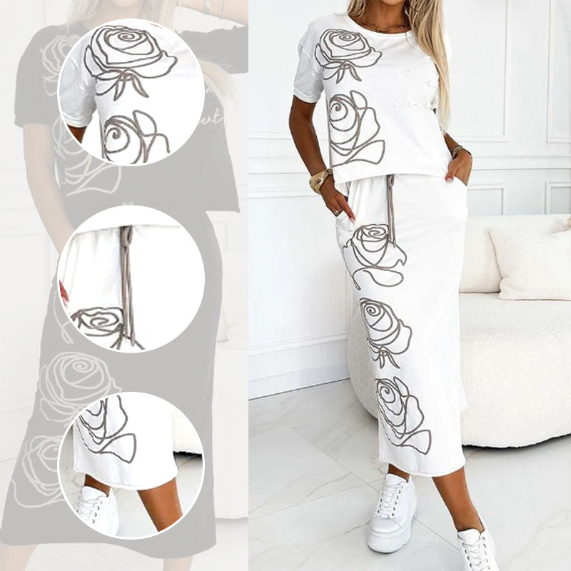 💕Women's casual two-piece floral T-shirt and mid-length skirt set