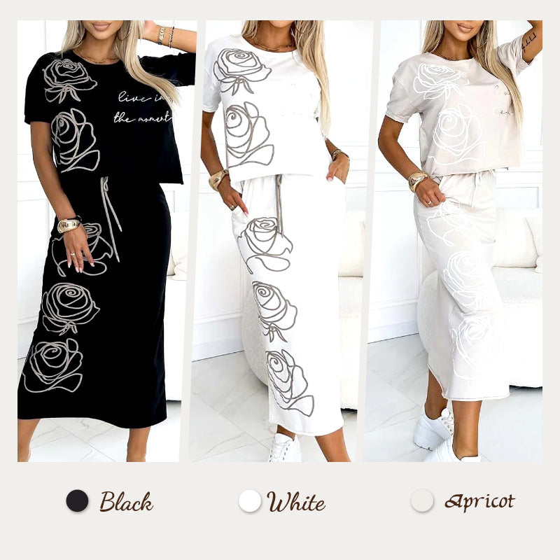 💕Women's casual two-piece floral T-shirt and mid-length skirt set