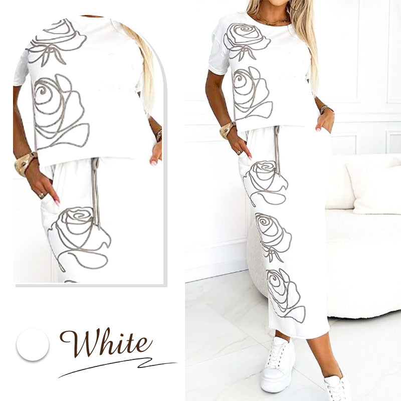 💕Women's casual two-piece floral T-shirt and mid-length skirt set