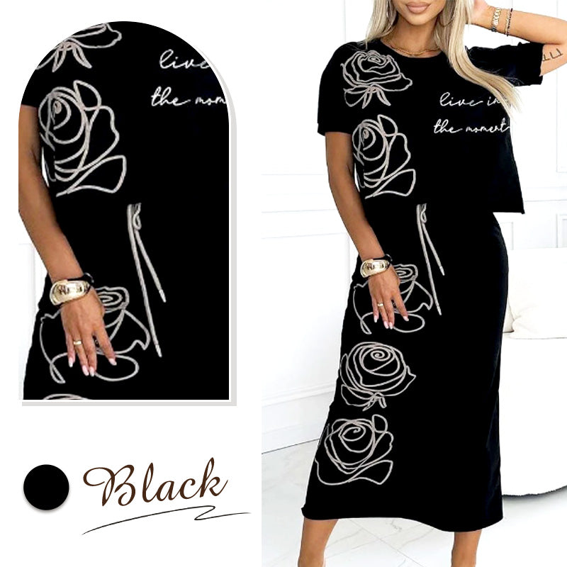 💕Women's casual two-piece floral T-shirt and mid-length skirt set