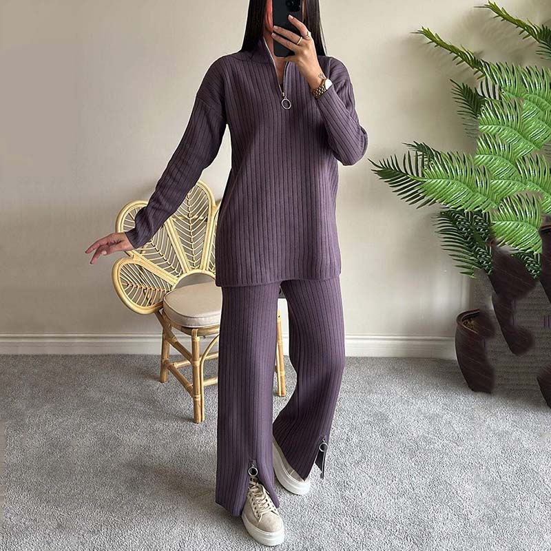 💥Women's Cozy Ribbed Knit Two-Piece Set with Slit-Leg Pants💕