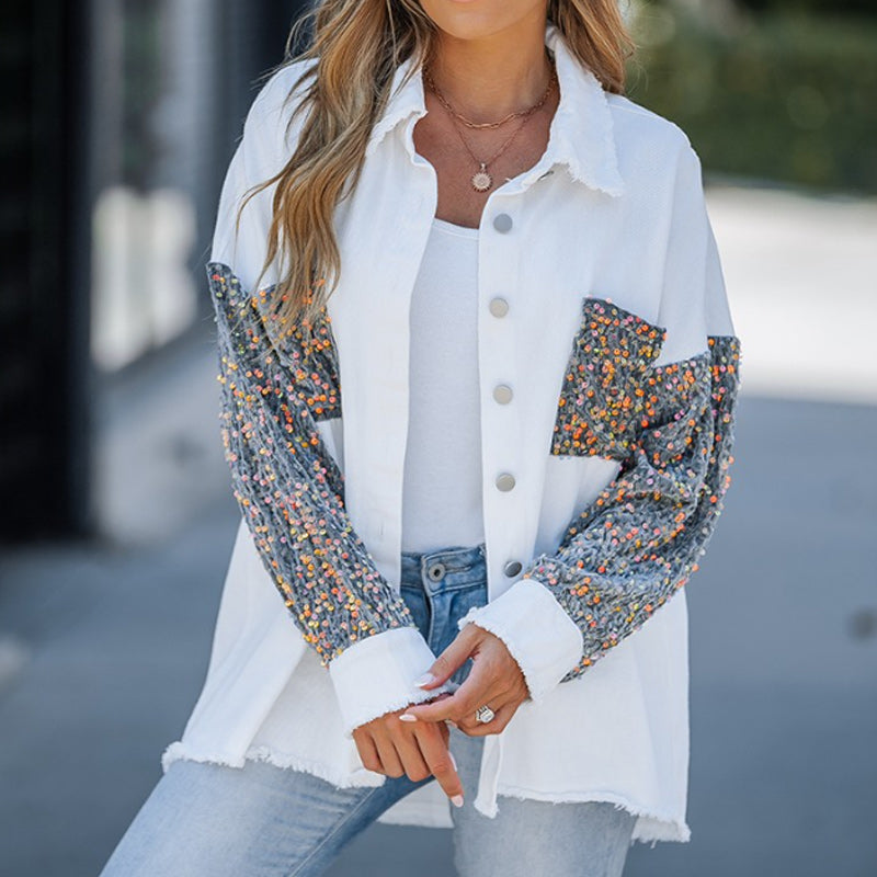 💥Limit Time 49% OFF💕Women's Trendy Sequin Patchwork Coat with Raw Hem