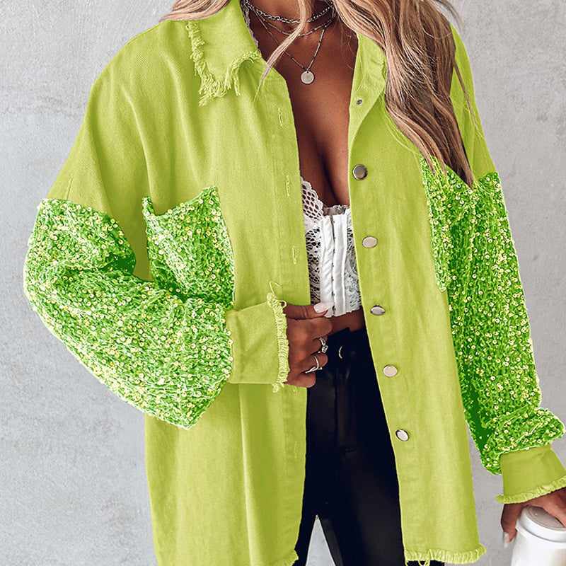 💥Limit Time 49% OFF💕Women's Trendy Sequin Patchwork Coat with Raw Hem
