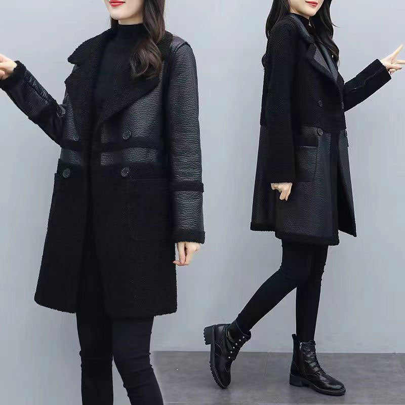 🍂Women's Mid-Length PU Leather Coat with Teddy Velvet