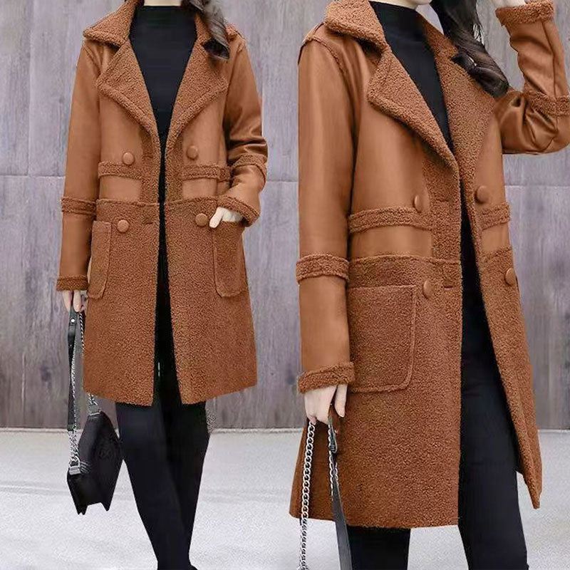 🍂Women's Mid-Length PU Leather Coat with Teddy Velvet