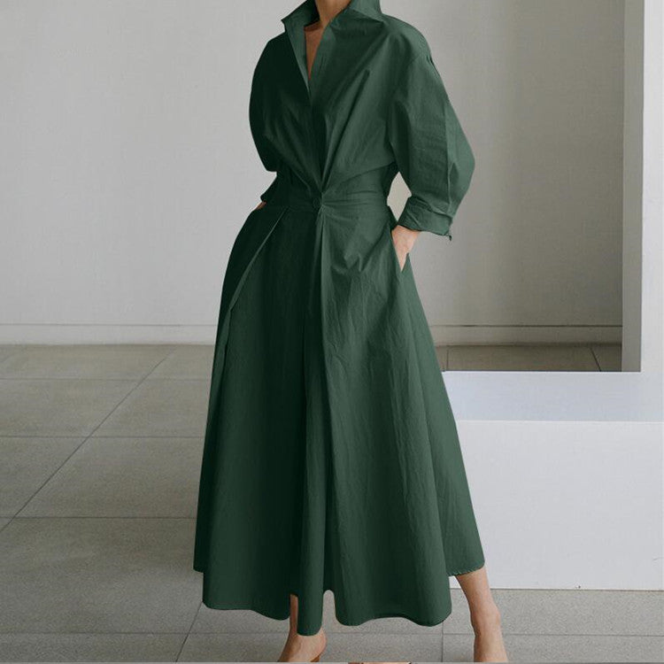 💥2025 New Products Hot Sale💕Women's Plain Cotton Lapel Shirt Wrap Dress
