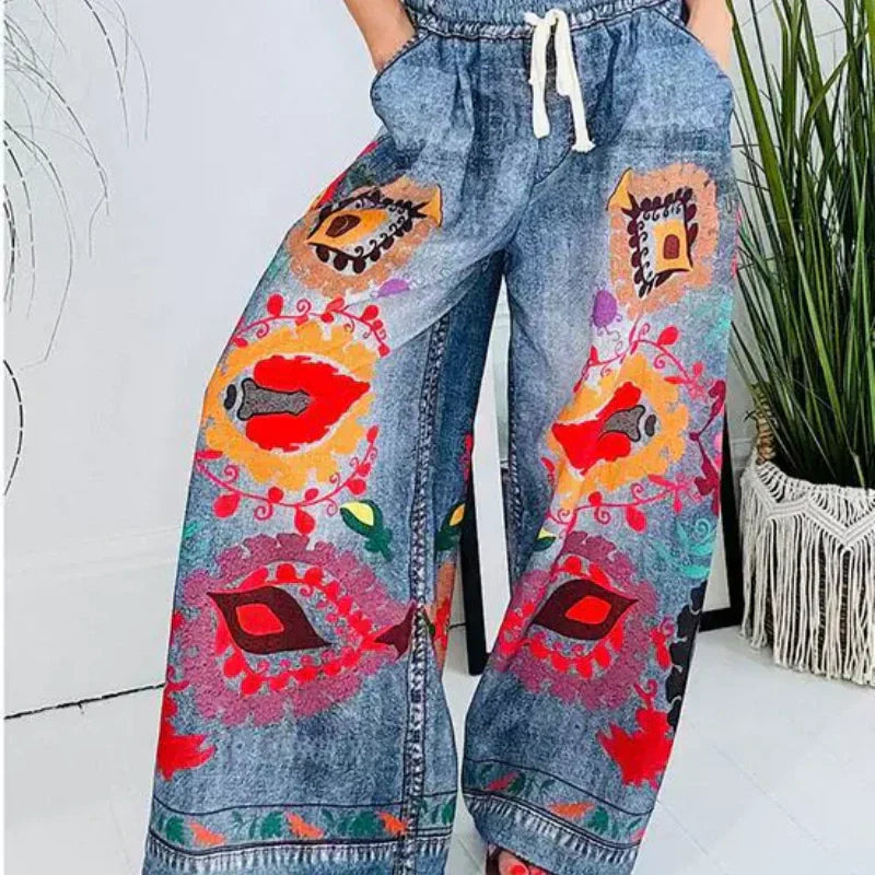 🔥Women's Drawstring Faux Denim Casual Pants