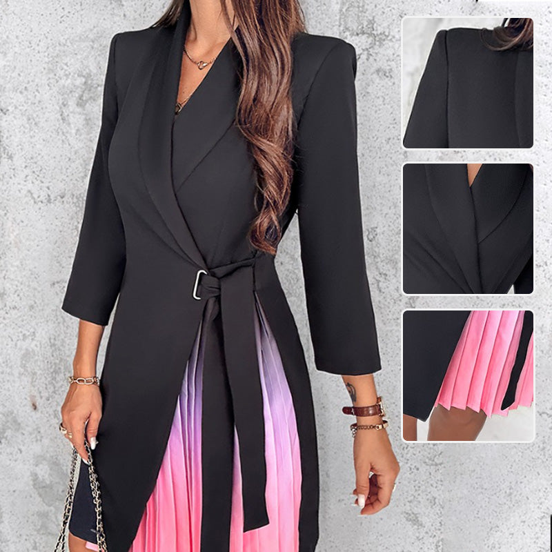 💕Limited Sale 49% OFF💕Ombre Lapel Neck Tied Waist Pleated Blazer Dress