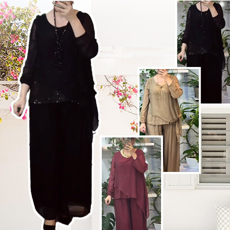 🌿Women’s 2-Piece Sequin Blouse & Wide Leg Pants Set