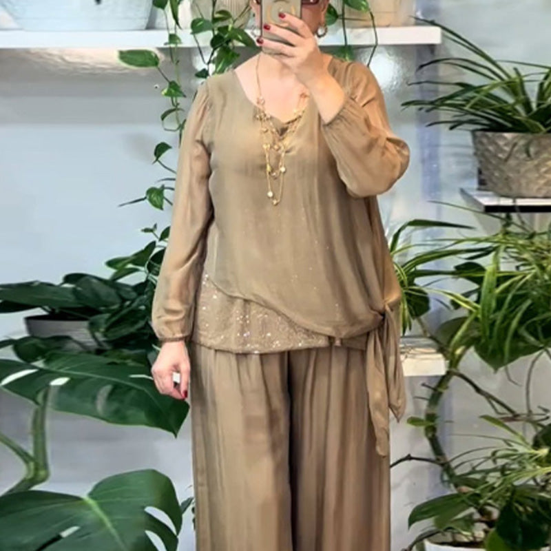 🌿Women’s 2-Piece Sequin Blouse & Wide Leg Pants Set