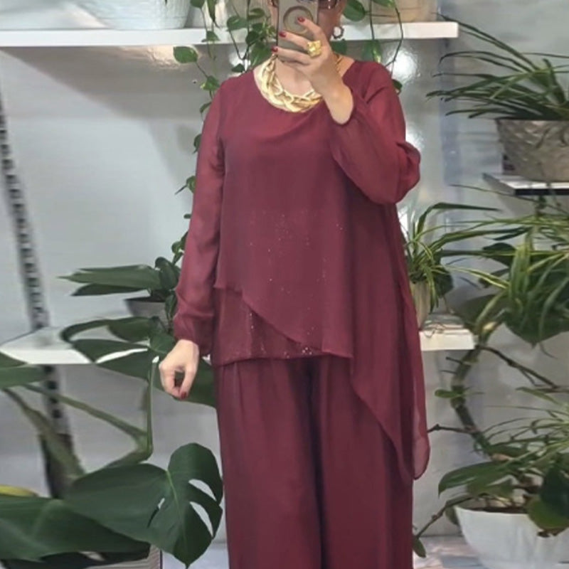 🌿Women’s 2-Piece Sequin Blouse & Wide Leg Pants Set