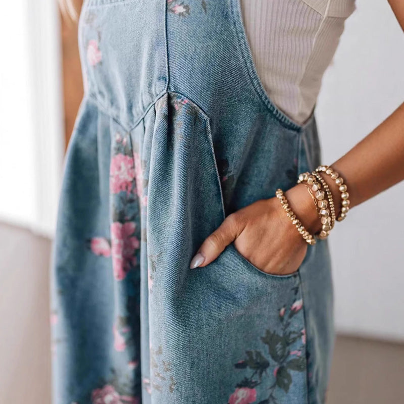 💥Fashionable Vintage Floral Print Denim Jumpsuit