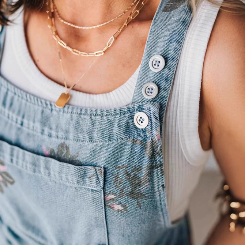 💥Fashionable Vintage Floral Print Denim Jumpsuit