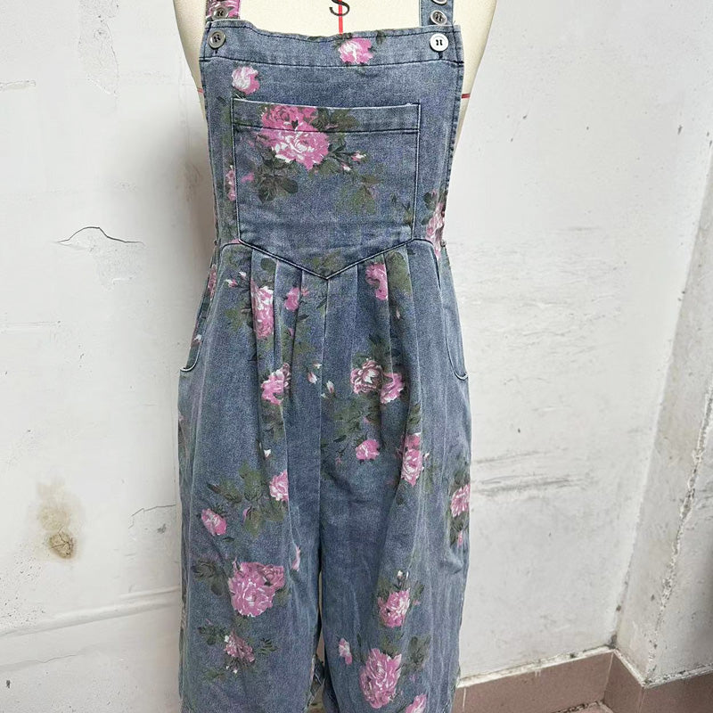 💥Fashionable Vintage Floral Print Denim Jumpsuit