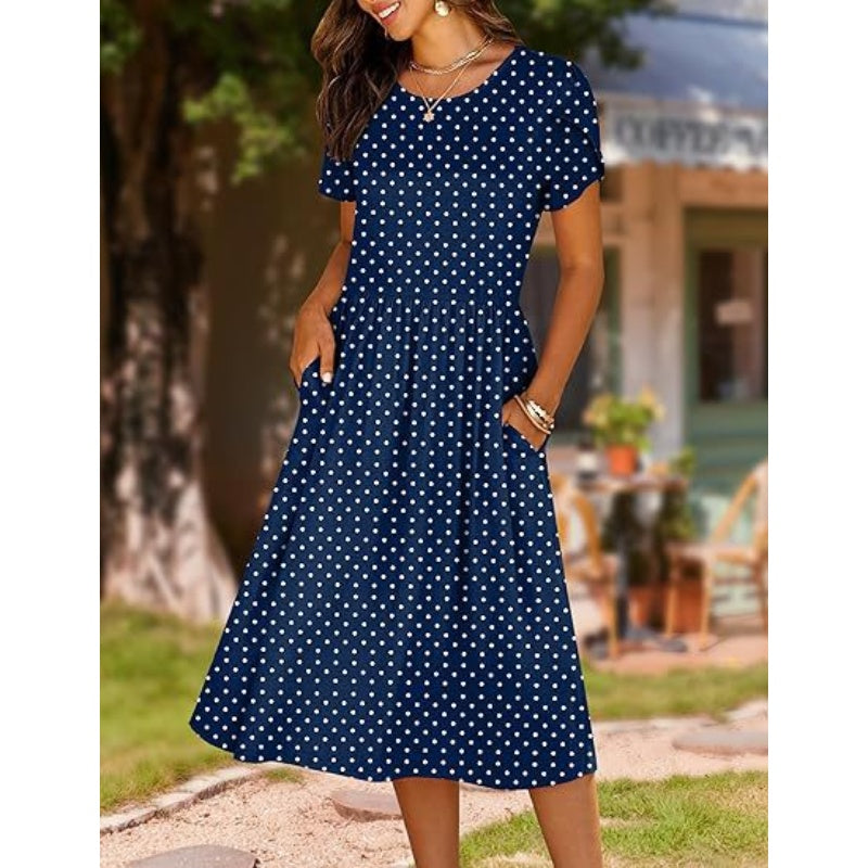👗Women's Elegant Round Neck Midi Dress with Pockets