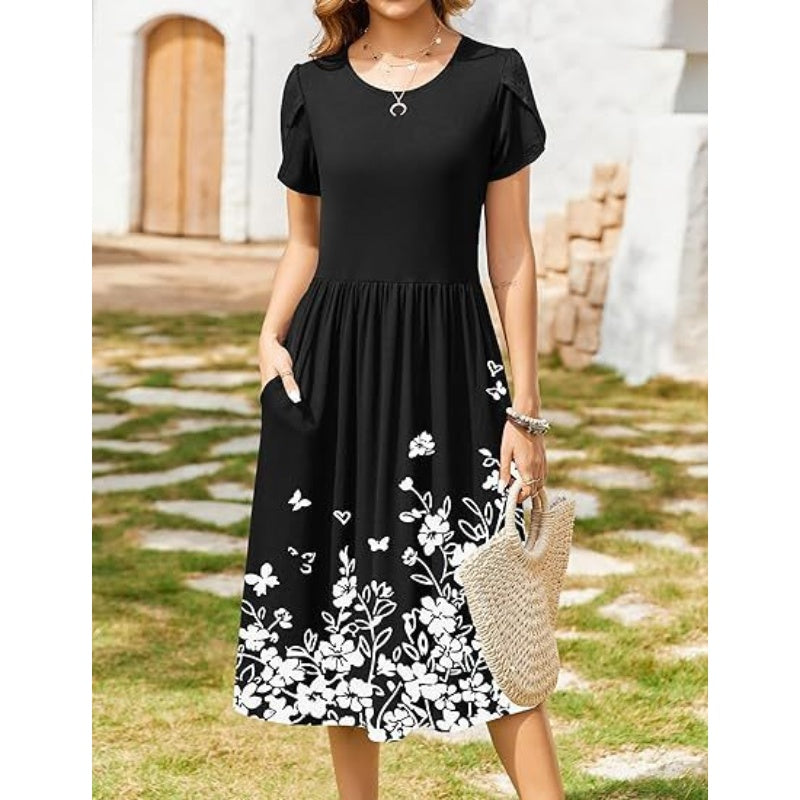 👗Women's Elegant Round Neck Midi Dress with Pockets