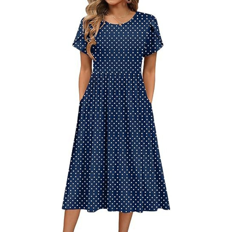 👗Women's Elegant Round Neck Midi Dress with Pockets