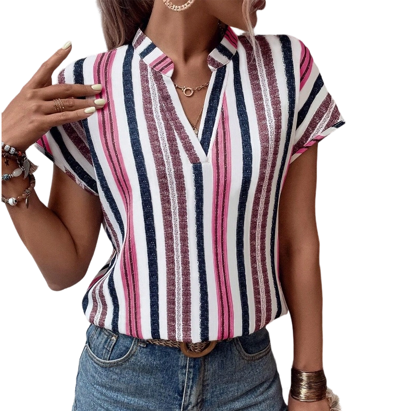 Women's Striped V-Neck Short Sleeve Blouse