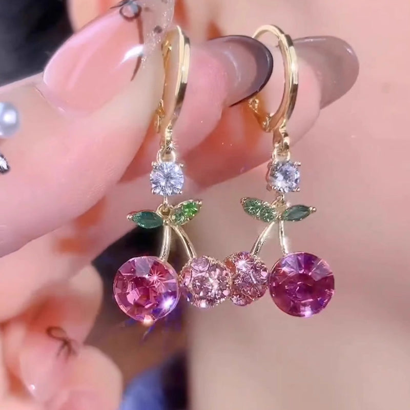 Sparkling Crystal Cherry Dangle Hoop Earrings