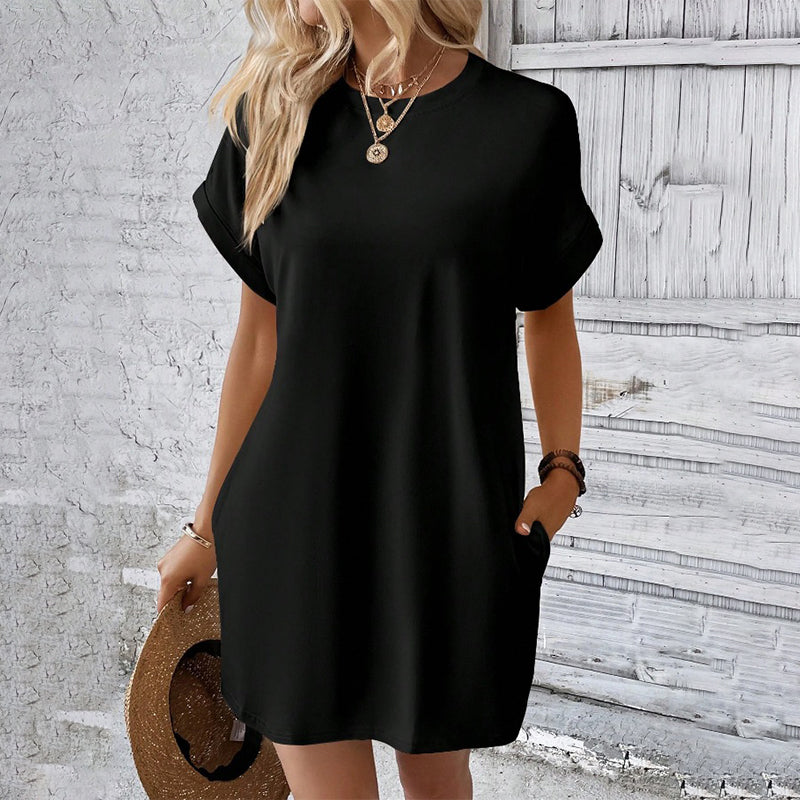 Solid Color Crew Neck Loose Tunic Dress