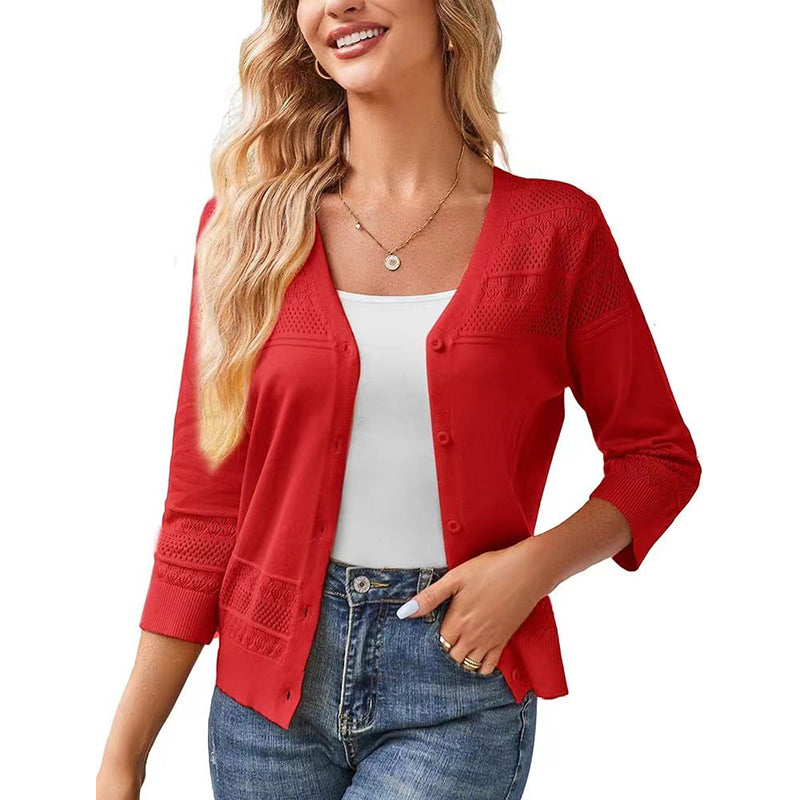 Women's V Neck Hollow Knit Cardigan