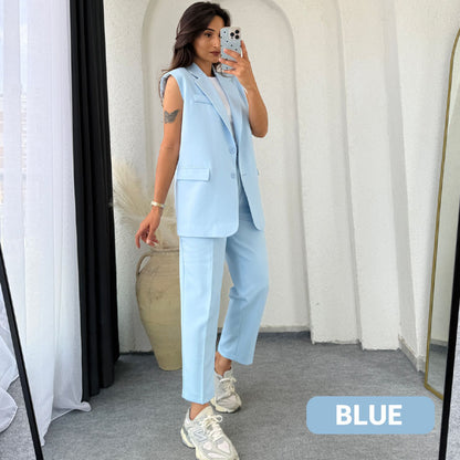 💖Women’s Stylish Sleeveless Blazer & High-Waisted Pants Set