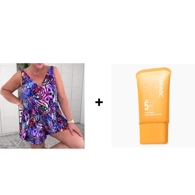 🌸Essential for a seaside holiday🌸Sleeveless V-Neck Printed Swimsuit 😍Free Sunscreen
