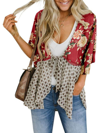 🌸Women's Floral Kimono Ruffle Sleeve Tie Cardigans Flowy Boho Loose Cover Ups