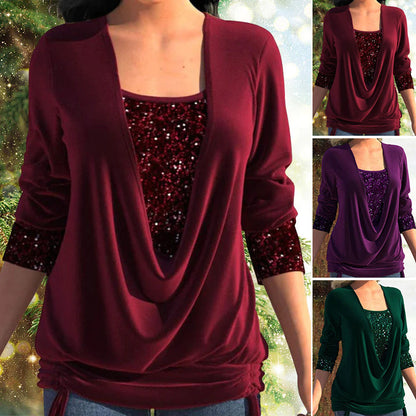 💖LAST DAY PROMOTION - 50%OFF💖 Sequin Loose Smocked Fake Two-Piece Top