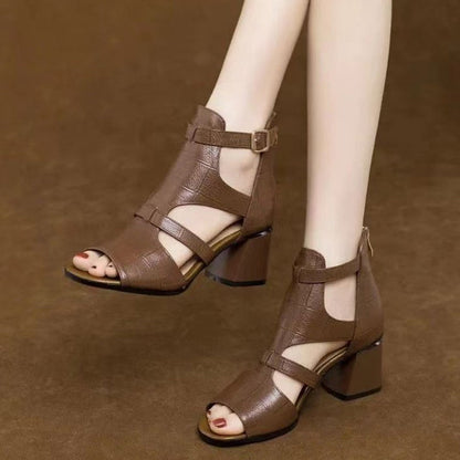 👡[35-40] 2024 New Soft Bottom Hollow Chunky Heel Soft Leather Roman Sandals