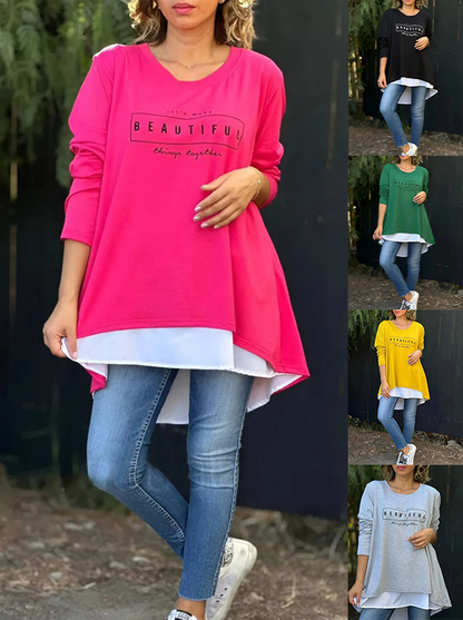 💥Sale 49% discount💕Letter Print Fake Two Piece Long Sleeve T-shirt