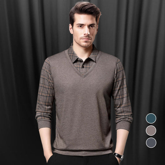 💥Hot Sale🍂Men's Faux Two Piece Lapel Long-Sleeve Tops