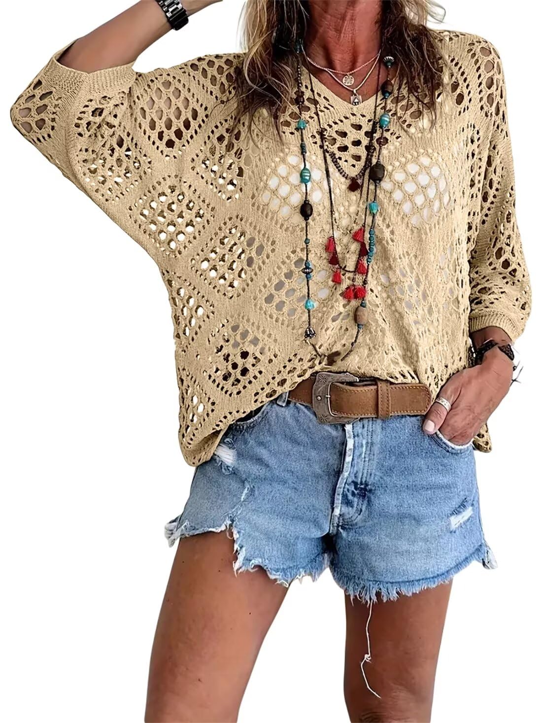 💥Hot Sales-49% OFF🔥Womens Bohemian-Inspired Beige Crochet Top with V-Neck