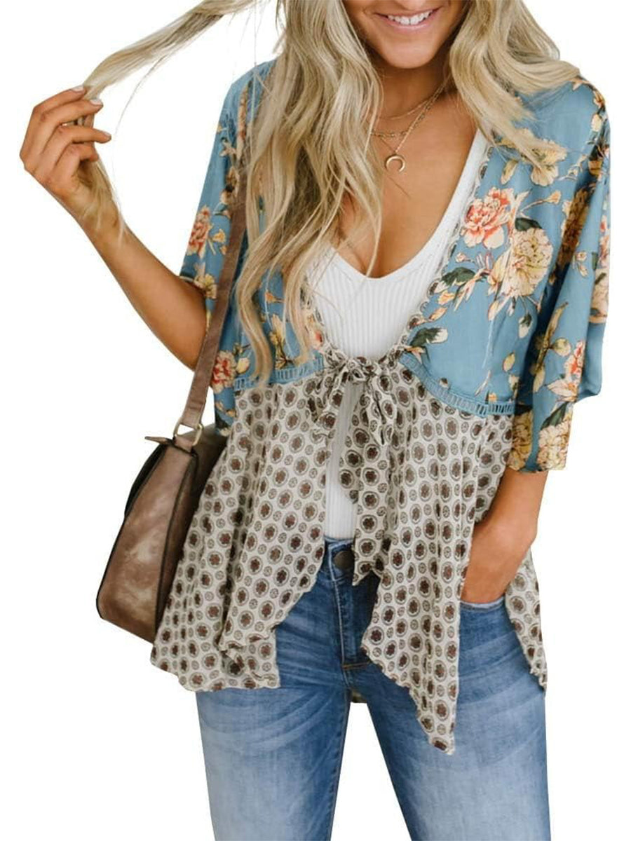 🌸Women's Floral Kimono Ruffle Sleeve Tie Cardigans Flowy Boho Loose Cover Ups