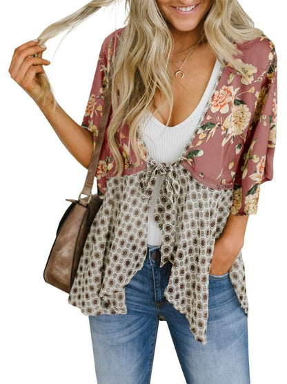 🌸Women's Floral Kimono Ruffle Sleeve Tie Cardigans Flowy Boho Loose Cover Ups