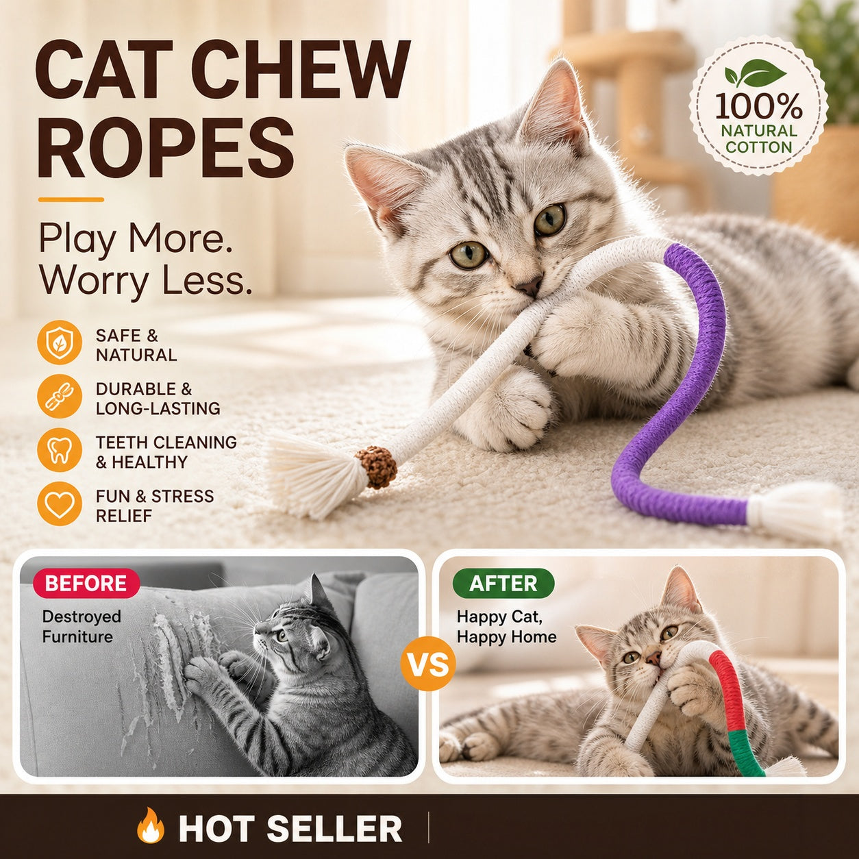 🐾🧶Cat Toys Chew Ropes 3Pcs, Safe Teeth Cleaning Toy for Indoor Kittens, Calming Interactive Kitty Toys
