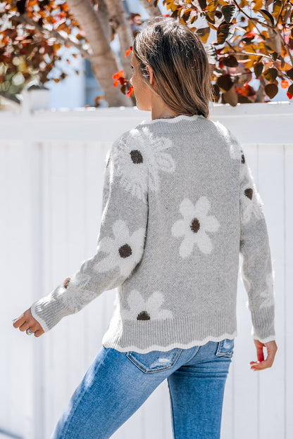 💃LAST DAY 50% OFF✨🍂Women's Floral Pattern Scallop Trim Sweater