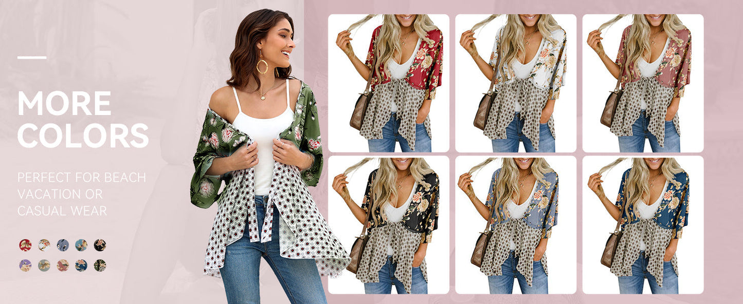 🌸Women's Floral Kimono Ruffle Sleeve Tie Cardigans Flowy Boho Loose Cover Ups