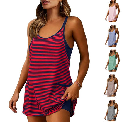 Women's Striped Tankini Dress with Pockets