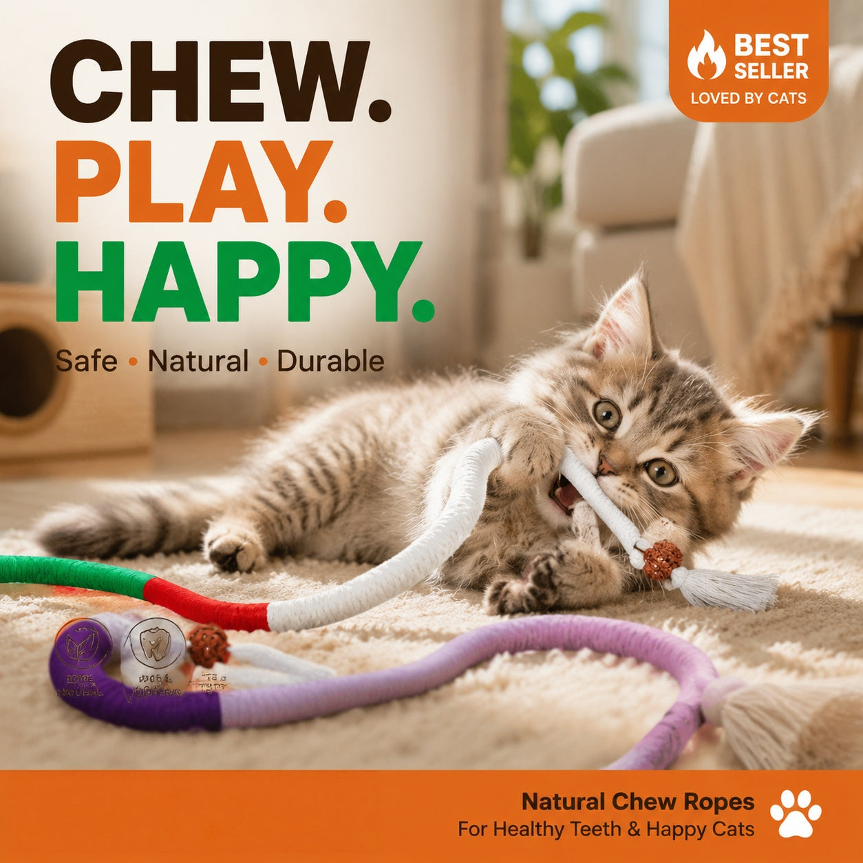 🐾🧶Cat Toys Chew Ropes 3Pcs, Safe Teeth Cleaning Toy for Indoor Kittens, Calming Interactive Kitty Toys
