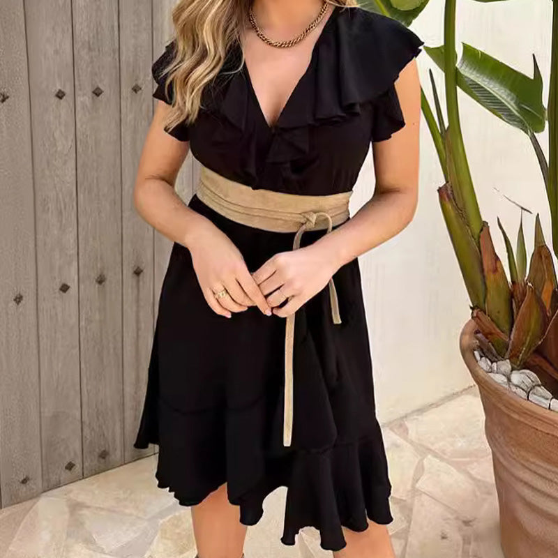 ❤️Women's Elegant Waist Tie V-Neck Ruffle Dress