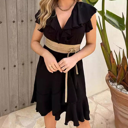 ❤️Women's Elegant Waist Tie V-Neck Ruffle Dress