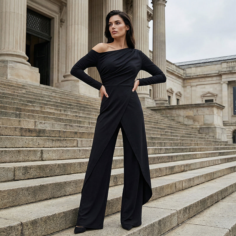 👗 49% OFF NOW! ✨ Women's Elegant One-Shoulder Jumpsuit – Wide-Leg Flow, Wrap Skirt Detail & Premium Breathable Fabric for a Chic Look 💃